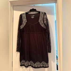 Vintage RXB Long Black Top with White Lace Accents